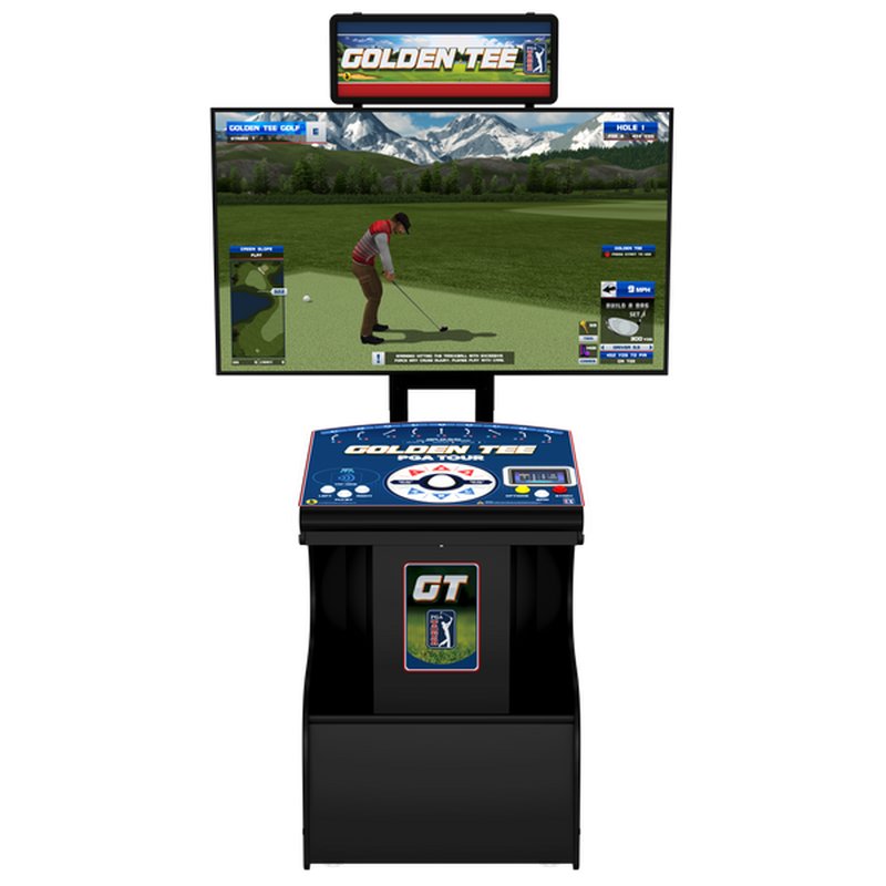 Incredible Technologies Golden Tee PGA TOUR Showpiece PRO arcade golf cabinet, home model, shown from front with display screen and control panel