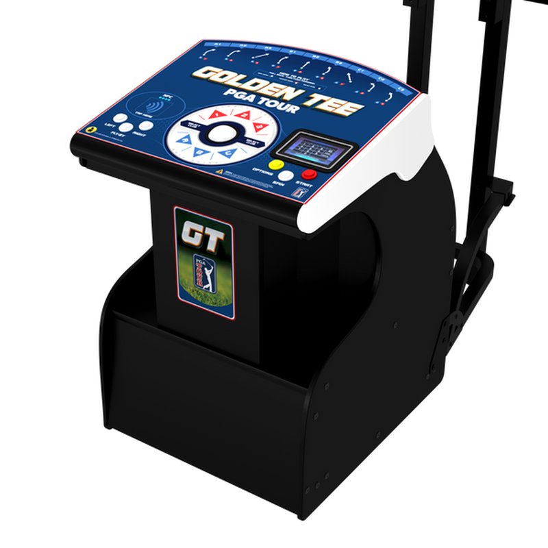 Incredible Technologies Golden Tee PGA TOUR Showpiece PRO home arcade golf cabinet with blue control panel and trackball, front three-quarter view