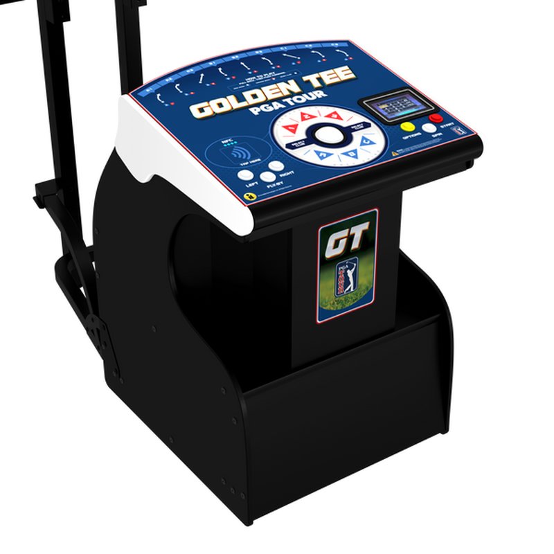 Incredible Technologies Golden Tee PGA TOUR home arcade golf cabinet shown from front angle with trackball control visible on top panel