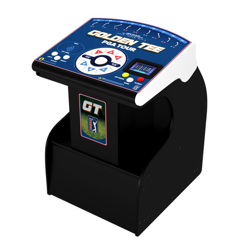 Incredible Technologies Golden Tee PGA TOUR Showpiece PRO arcade golf cabinet, home model, shown from front with display screen and control panel
