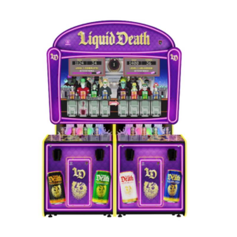 Alan-1 Liquid Death arcade redemption game, Deluxe configuration, front view, showing the 65 inch screen, the illuminated Liquid Death header, the four tap handle joysticks and the RGB LED fill up tubes.