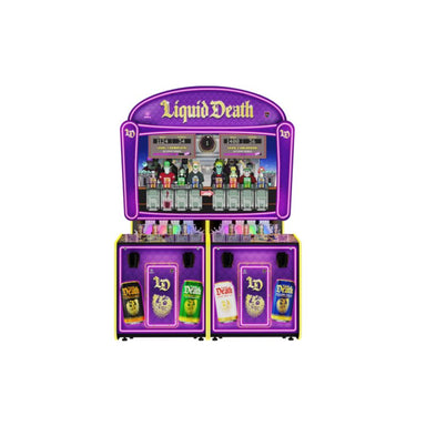Alan-1 Liquid Death arcade redemption game, Deluxe configuration, straight on front view, showing the 65 inch screen, the illuminated Liquid Death header, the four tap handle joysticks and the RGB LED fill up tubes.