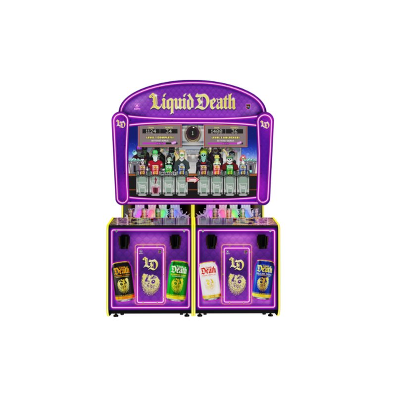 Alan-1 Liquid Death arcade redemption game, Deluxe configuration, straight on front view, showing the 65 inch screen, the illuminated Liquid Death header, the four tap handle joysticks and the RGB LED fill up tubes.