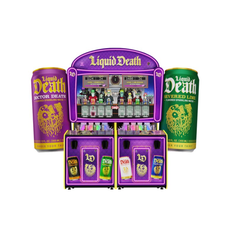 Alan-1 Liquid Death arcade redemption game, SDX configuration, straight on front view, showing the pair of giant LED backlit Liquid Death cans flanking the monitor, the 65 inch screen, the four tap handle joysticks and the RGB LED fill up tubes.