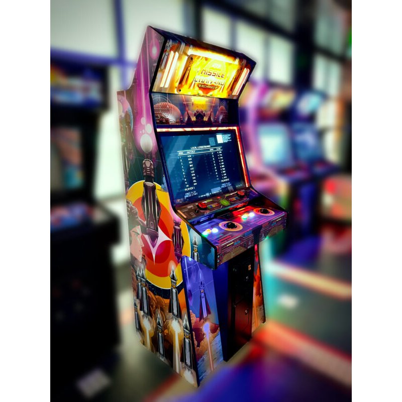 Alan-1 Missile Command Recharged Pro home arcade machine cabinet shown from front angle displaying illuminated screen and control panel in arcade room setting
