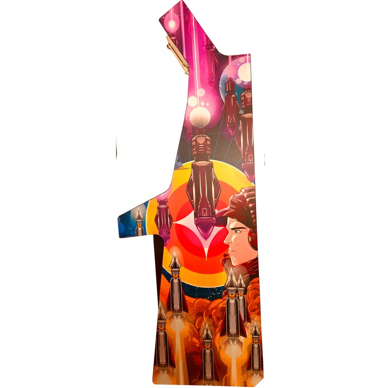 Missile Command Recharged Pro arcade cabinet side art panel showing incoming missiles, an Atari target motif and a helmeted pilot above orange skies.