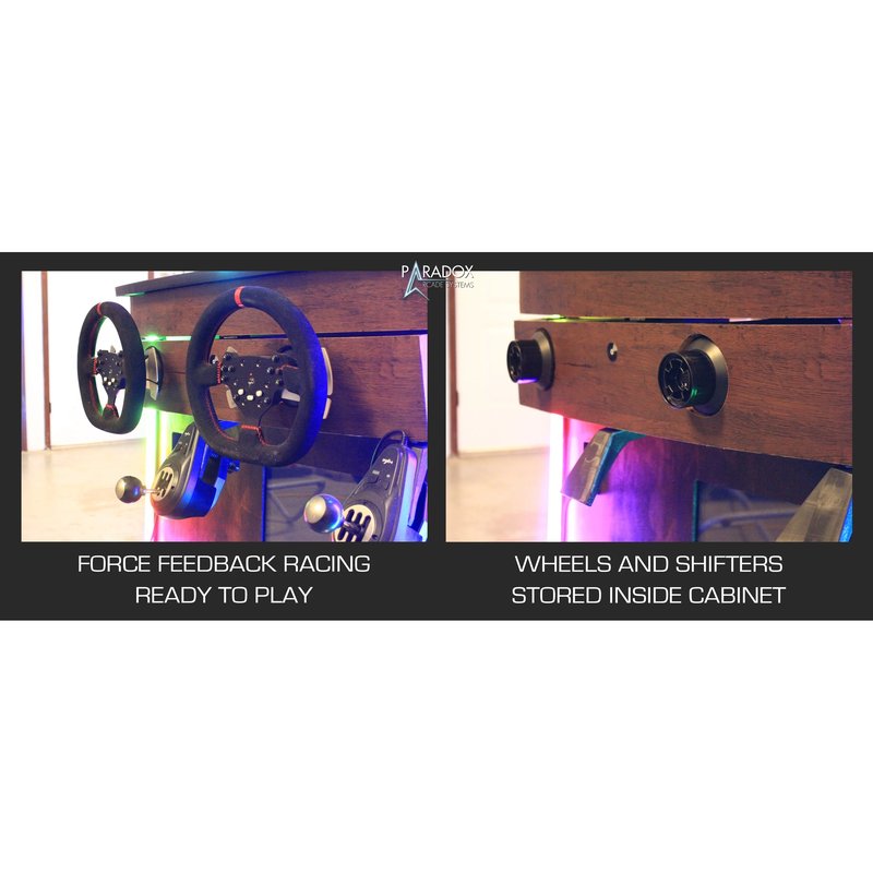 paradox arcades falcon v2.0 xl 4 player arcade cabinet wheels on and image of wheels off into storage drawer
