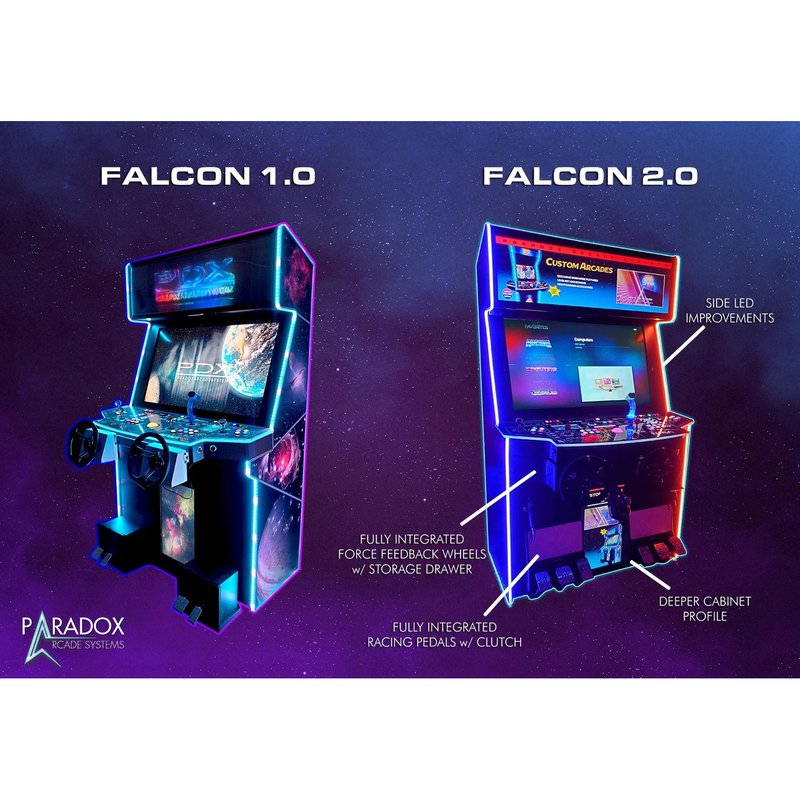 paradox arcades falcon v2.0 xl 4 player arcade cabinet falcon 1.0 and falcon 2.0 differences side led improvements deeper cabinet profile racing pedals force feedback wheels storage drawer