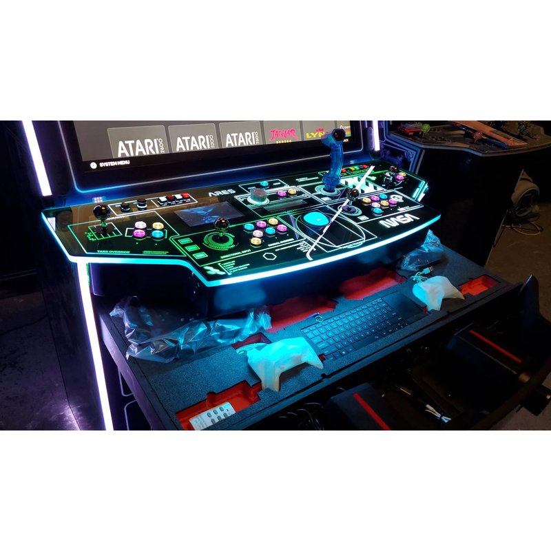 paradox arcades falcon v2.0 xl 4 player arcade cabinet  control panel full view with storage drawer extended