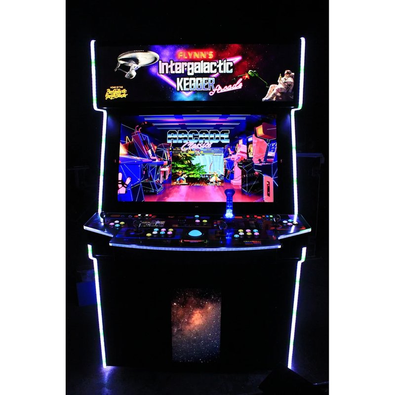 paradox arcades falcon v2.0 xl 4 player arcade cabinet full view in dark with LED lights