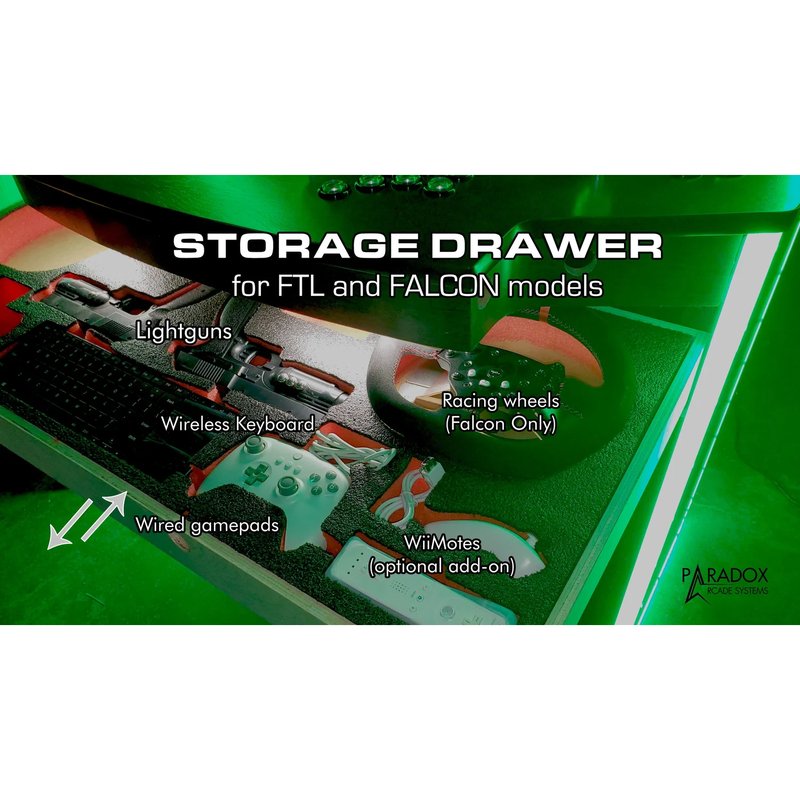 paradox arcades falcon v2.0 xl 4 player arcade cabinet storage drawer for falcn models shown lightguns wireless keyboard racing wheels wired gamepads wiimotes