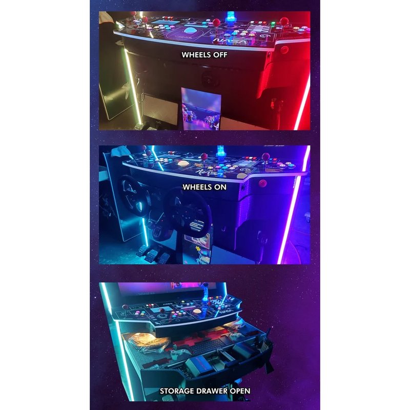 paradox arcades falcon v2.0 xl 4 player arcade cabinet wheels off or on with storage drawer open