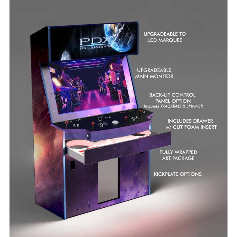 paradox arcades pro 4 player xl arcade cabinet PRO 4P Dark Drawer Open with Ca louts v2
