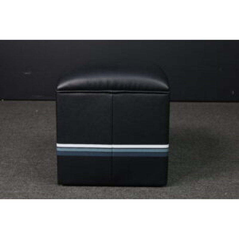 Atari PONG Mechanical Table Home Edition, black upholstered ottoman-style stool with striped accent band.