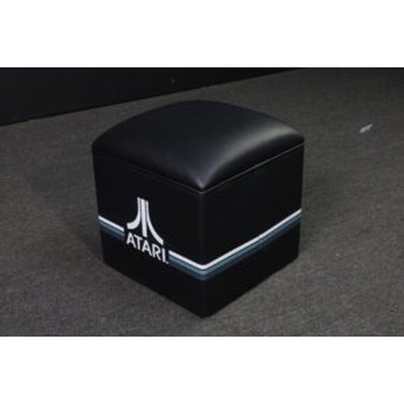 Atari PONG Mechanical Table Home Edition, corner view with doors closed, Atari logo, cup holder visible.