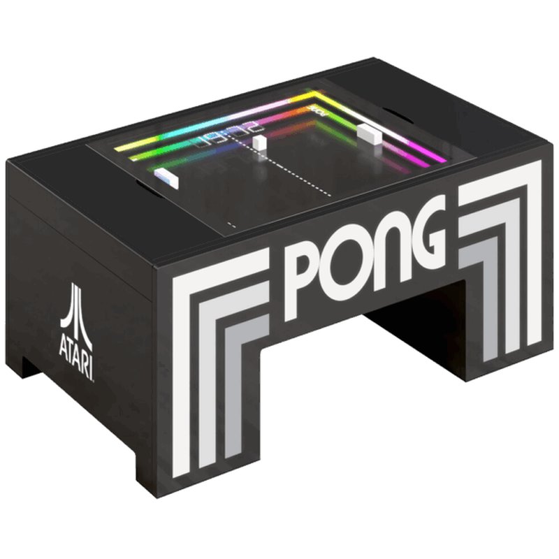 Atari PONG Mechanical Table Home Edition, angled playfield view with glowing paddles, LED score display, and puck.