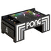 Atari PONG Mechanical Table Home Edition, angled view of glass playfield with RGB-lit tracks, paddles, and spinner dial.