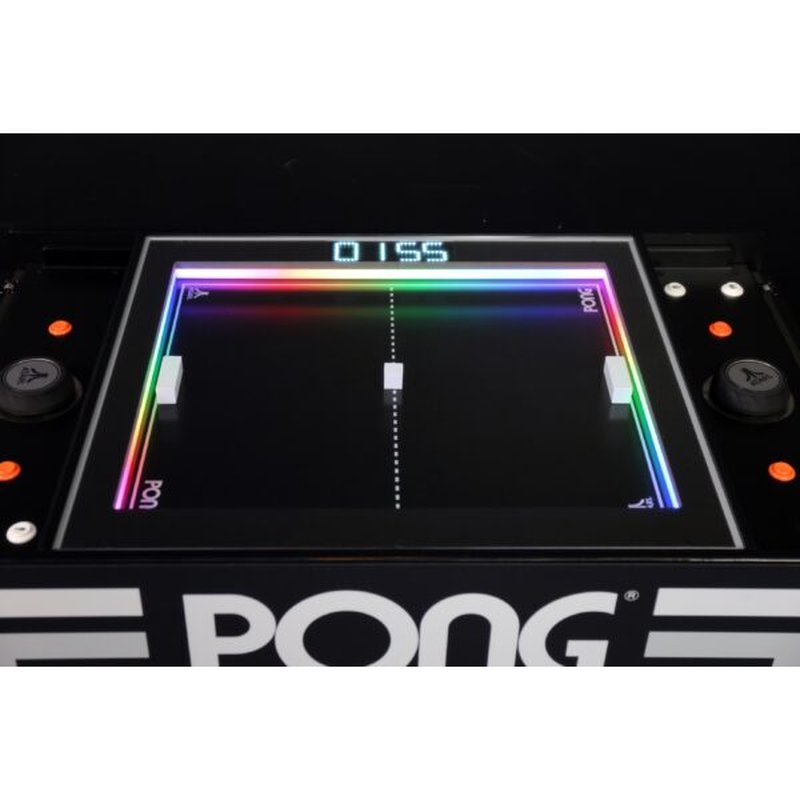 Atari PONG Mechanical Table Home Edition, close-up of playfield showing score display, paddles, and RGB-lit border.