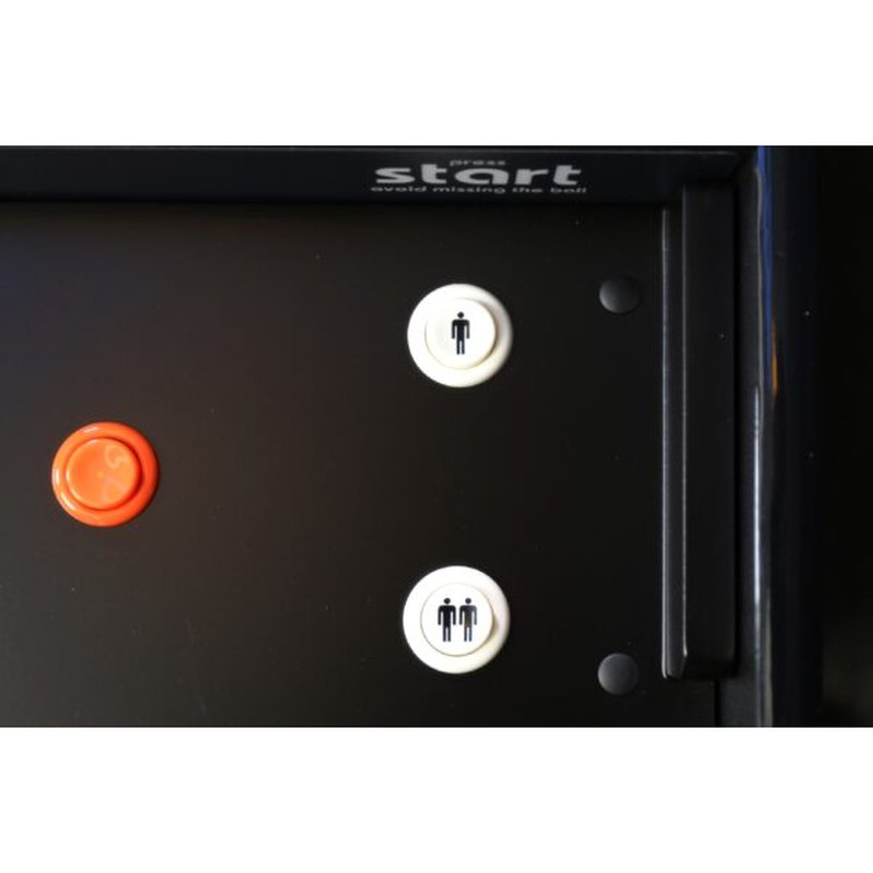 Atari PONG Mechanical Table Home Edition, close-up of start button and player-select buttons on control panel.