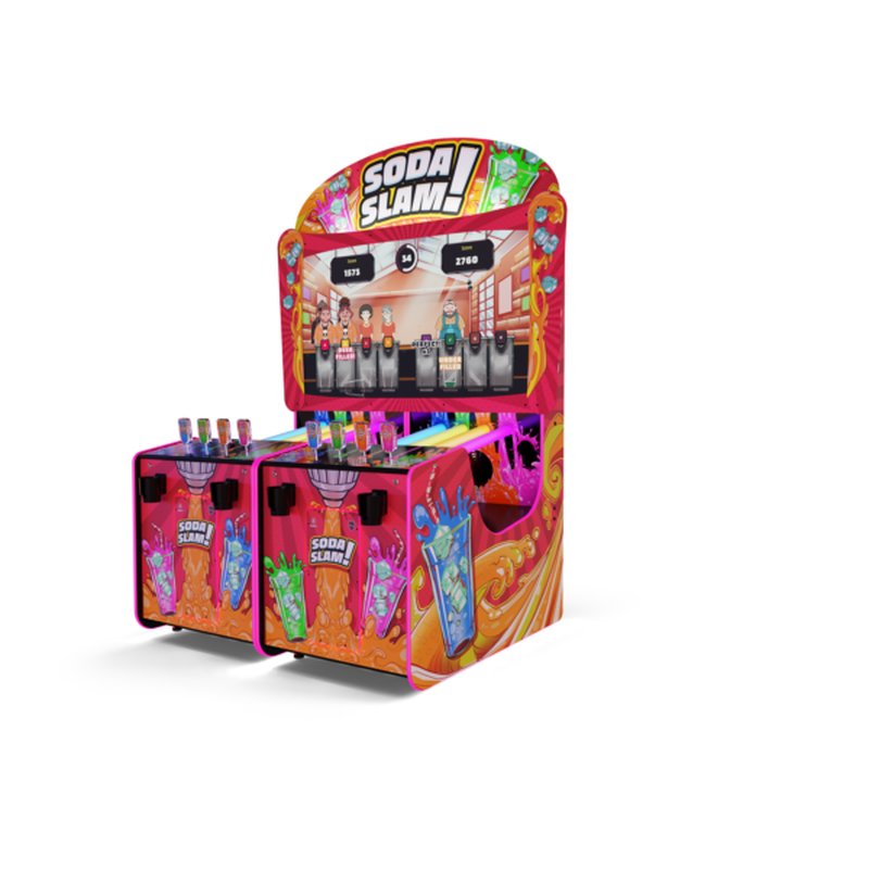 Alan-1 Soda Slam Arcade Redemption Game, Deluxe configuration without the giant cans, angled three quarter view, showing the 70 inch screen, the two player stations, the four colour coded tap handle joysticks and the RGB LED fill up tubes.