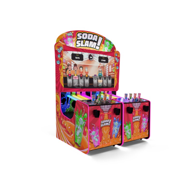 Alan-1 Soda Slam Arcade Redemption Game, Deluxe configuration without the giant cans, angled three quarter view from the opposite side, showing the 70 inch screen, the two player stations, the four colour coded tap handle joysticks and the RGB LED fill up tubes.