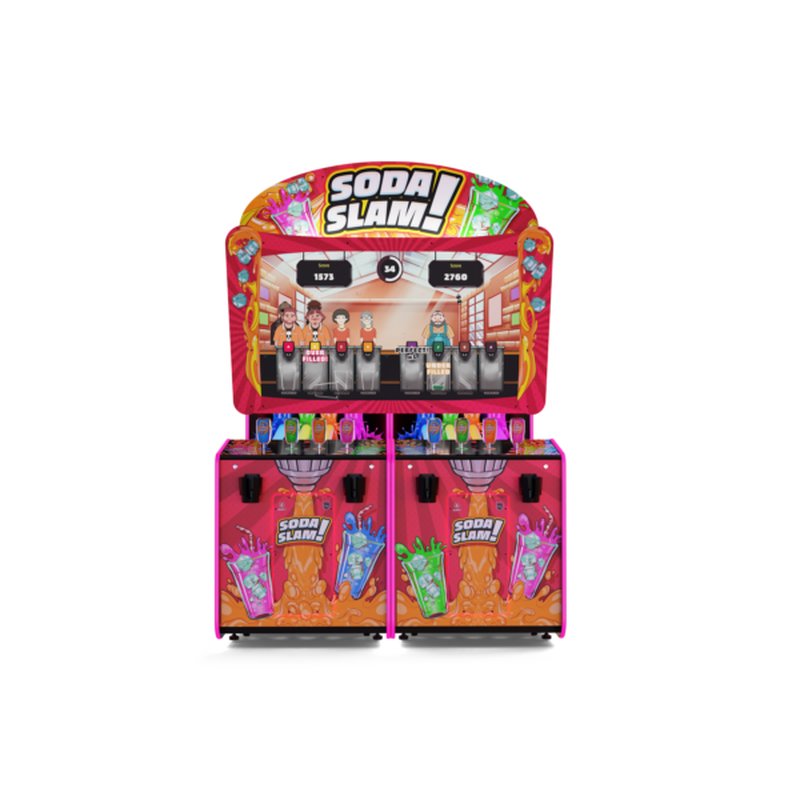 Alan-1 Soda Slam Arcade Redemption Game, Deluxe configuration without the giant cans, straight on front view, showing the 70 inch screen, the two player stations, the four colour coded tap handle joysticks and the RGB LED fill up tubes.