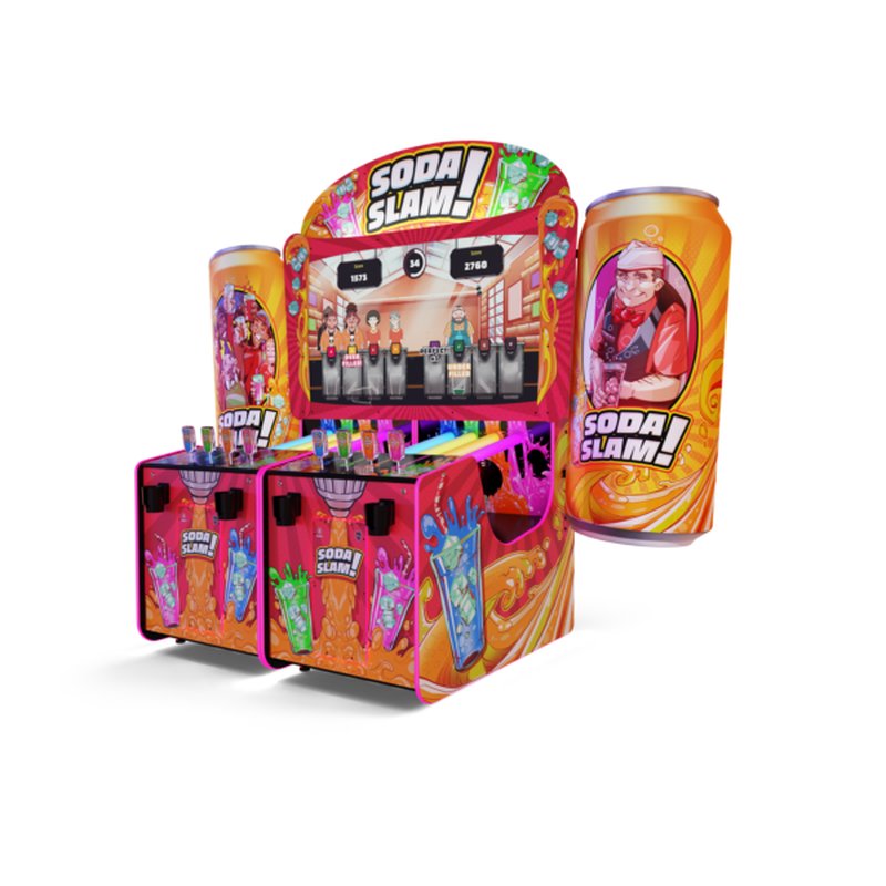 Alan-1 Soda Slam Arcade Redemption Game, SDX configuration, angled three quarter view from the opposite side, showing the two giant 3D sculpted fiberglass Soda Slam cans either side of the 70 inch screen, the two player stations and the four colour coded tap handle joysticks.