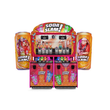 Alan-1 Soda Slam Arcade Redemption Game, SDX configuration, straight on front view, showing the two giant 3D sculpted fiberglass Soda Slam cans either side of the 70 inch screen, the two player stations and the four colour coded tap handle joysticks.