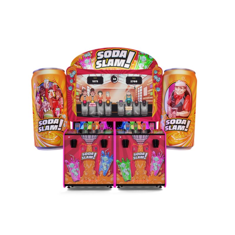 Alan-1 Soda Slam Arcade Redemption Game, SDX configuration, straight on front view, showing the two giant 3D sculpted fiberglass Soda Slam cans either side of the 70 inch screen, the two player stations and the four colour coded tap handle joysticks.