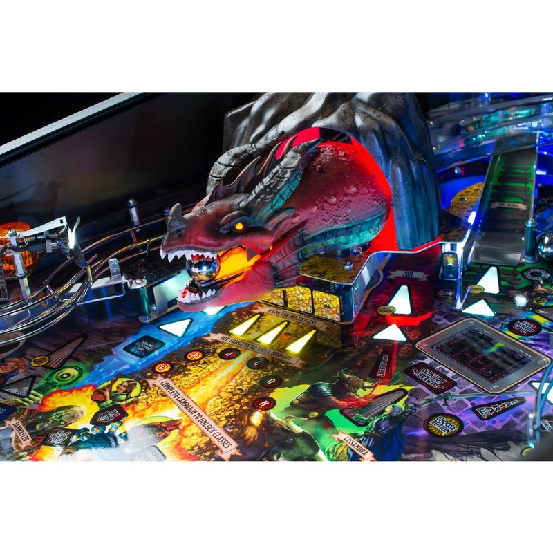 Stern Dungeons & Dragons: The Tyrant's Eye Premium pinball machine playfield with illuminated dragon ramp and colored targets, commercial coin-operated model.
