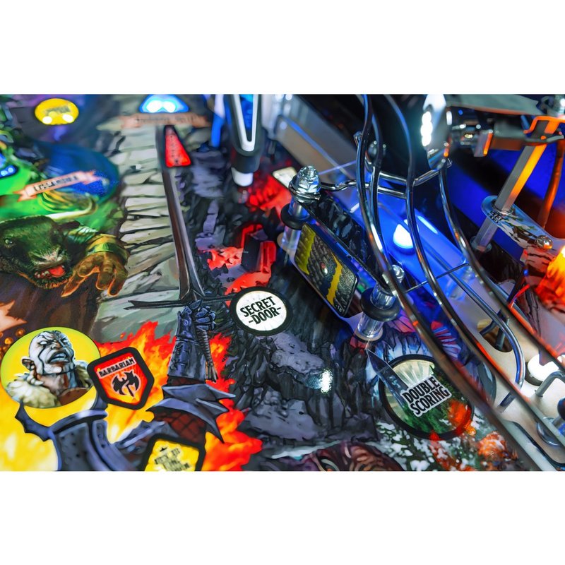 Stern Dungeons & Dragons: The Tyrant's Eye Premium Pinball Machine playfield detail showing ramps, bumpers, and lit features from above angle.