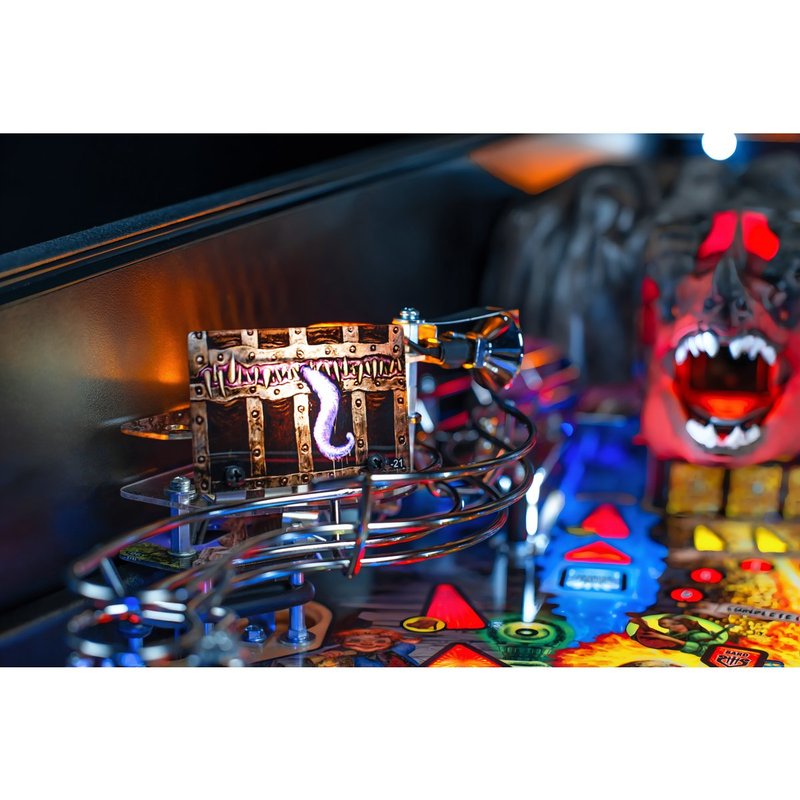 Stern Dungeons & Dragons: The Tyrant's Eye Premium Pinball Machine playfield close-up showing illuminated ramp and interactive elements, commercial coin-operated model