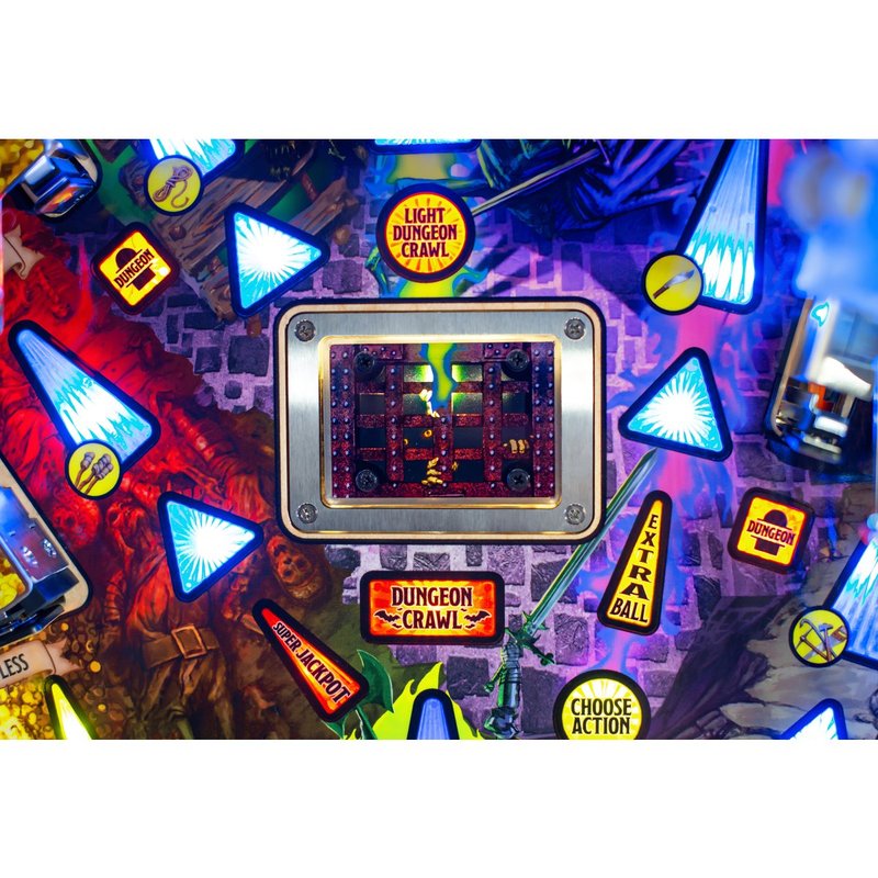 Stern Dungeons & Dragons: The Tyrant's Eye Premium Pinball Machine, commercial coin-operated game, overhead view of illuminated playfield and center display screen