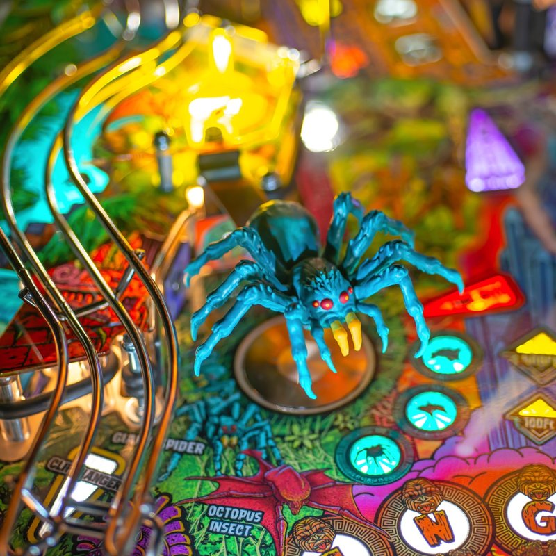 Stern King Kong Myth of Terror Island Premium Pinball Machine featuring the custom sculpted Giant Spider and The Pit magnet in bright blue.
