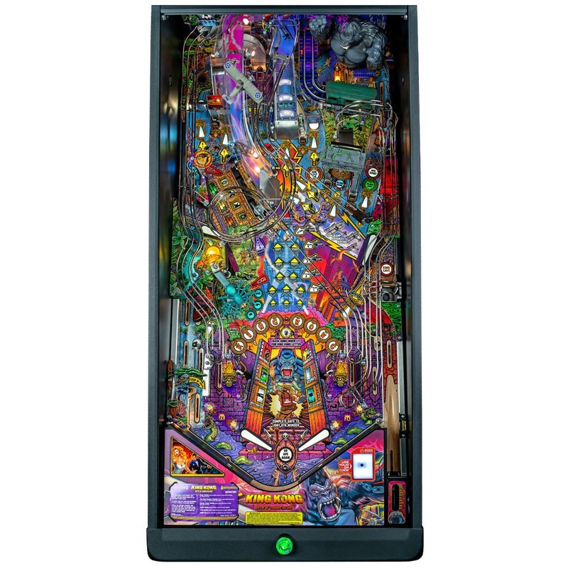 Stern King Kong Myth of Terror Island Premium Pinball Machine playfield overview showing animatronic Kong figure, temple gong toy, NYC train lock, biplane ramp, spider magnet, and drop targets.