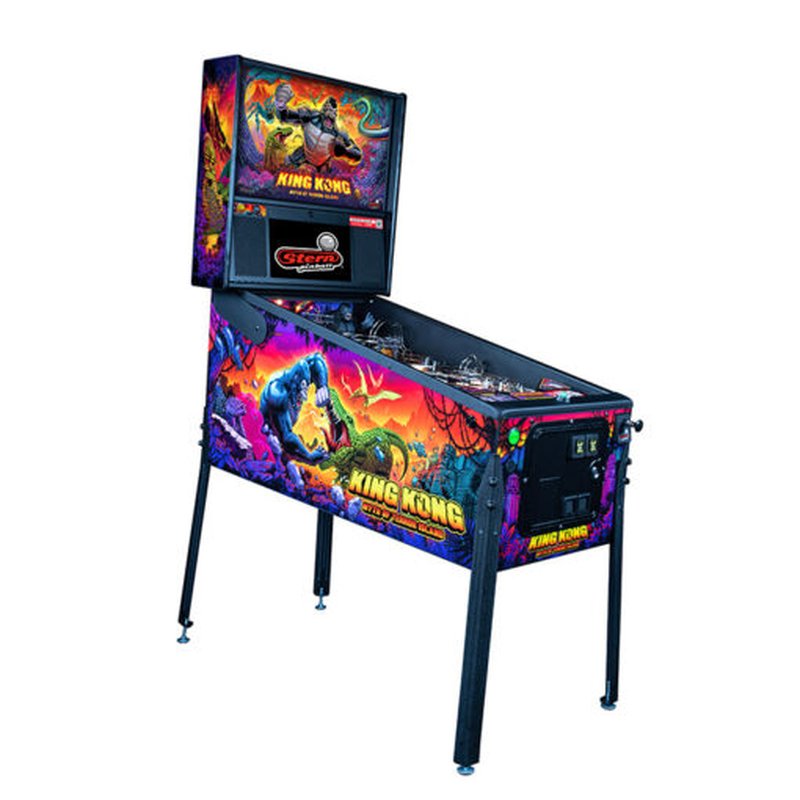 Stern Pinball King Kong Myth of Terror Island Pro commercial pinball machine, three-quarter front view showing playfield, backbox display, and cabinet artwork.