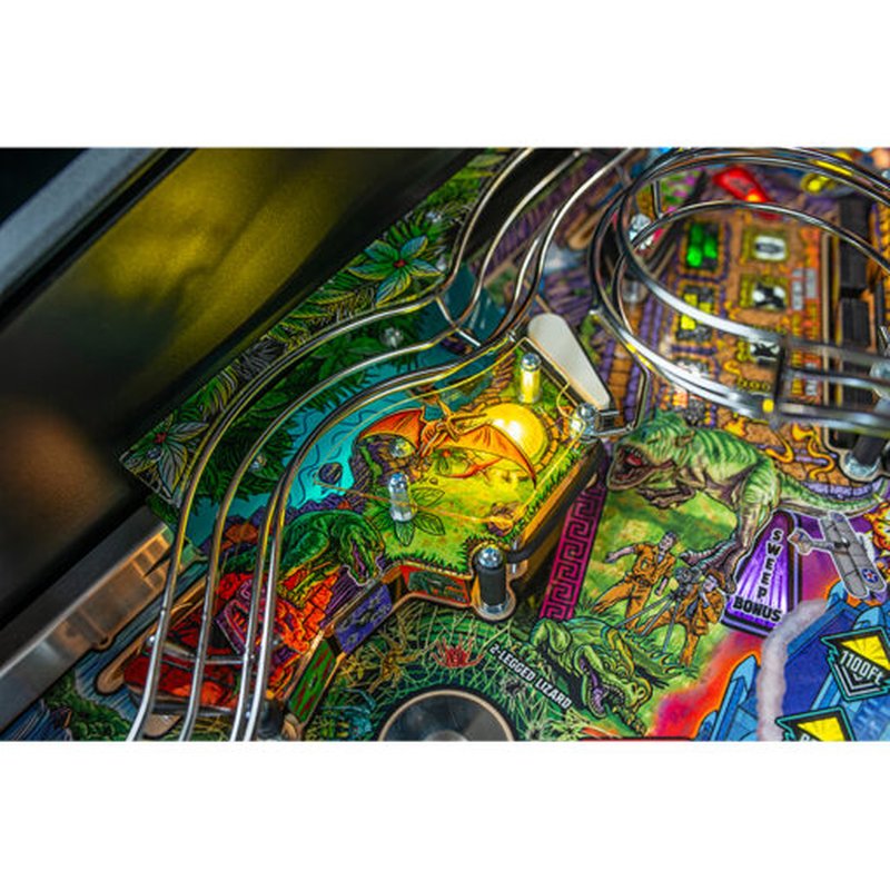 Stern King Kong Myth of Terror Island Pro Pinball Machine playfield close-up showing colorful ramps, targets, and illuminated play areas from above angle.