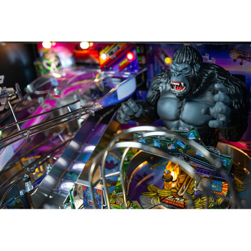 Stern King Kong Myth of Terror Island Pro Pinball Machine playfield overview showing sculpted Kong figure, ramps, targets, and illuminated playfield elements