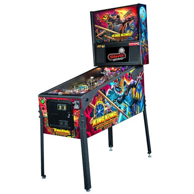 Stern King Kong Myth of Terror Island Premium commercial coin-operated pinball machine shown from a right side angle with cabinet and backbox artwork