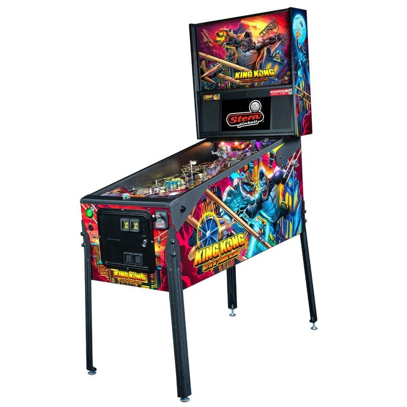 Stern King Kong Myth of Terror Island Premium commercial coin-operated pinball machine shown from a right side angle with cabinet and backbox artwork