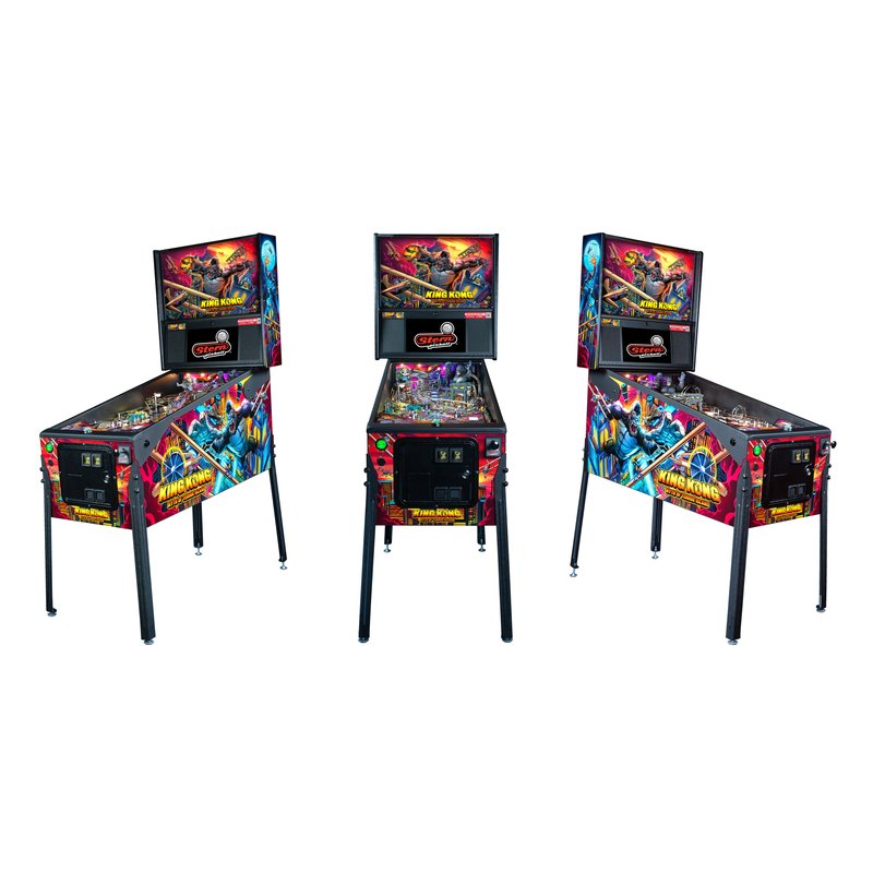Stern King Kong Myth of Terror Island Premium commercial pinball machine shown from left, front and right angles with cabinet and backbox artwork