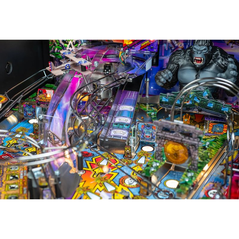 Stern King Kong Myth of Terror Island Pro pinball machine upper playfield with the sculpted King Kong, NYC train station ramp and the Gong temple