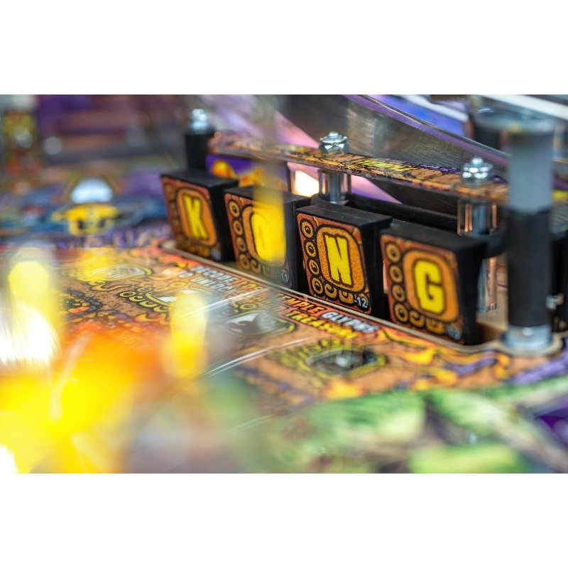 Stern King Kong Myth of Terror Island Pro pinball machine Lost Temple drop target bank spelling KONG in illuminated yellow letters