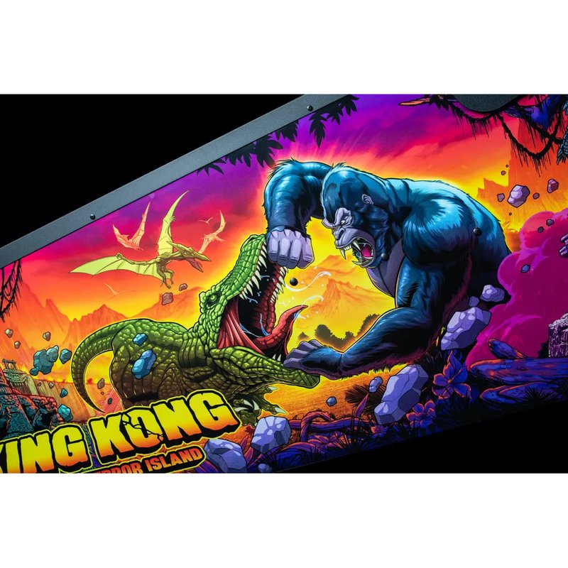 Stern King Kong Myth of Terror Island Pro pinball machine side cabinet artwork showing King Kong battling a T-Rex on Terror Island