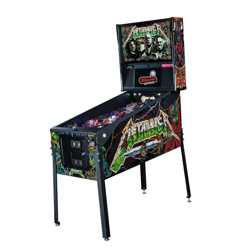 Stern Metallica Remastered Premium Pinball Machine, commercial coin-operated, full angle view showing playfield, backbox display, and cabinet.