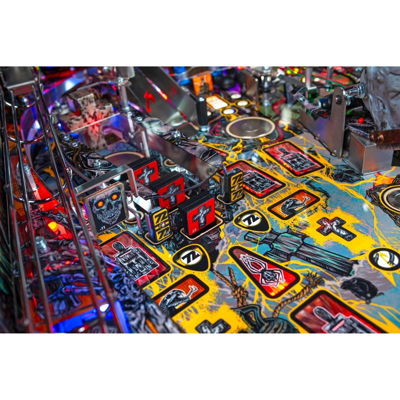 Stern Metallica Remastered Premium Pinball Machine playfield close-up showing drop targets, ramps, and illuminated playfield features.