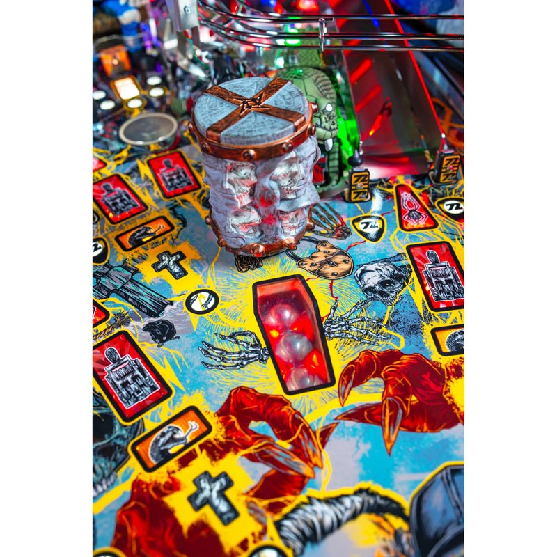 Stern Metallica Remastered Premium Pinball Machine playfield close-up showing Sparky's Electric Chair sculpted figure and illuminated drop targets.