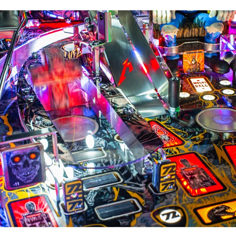 Stern Metallica Remastered Premium pinball machine playfield overhead view showing ramps, targets, pop bumpers, and illuminated playfield features