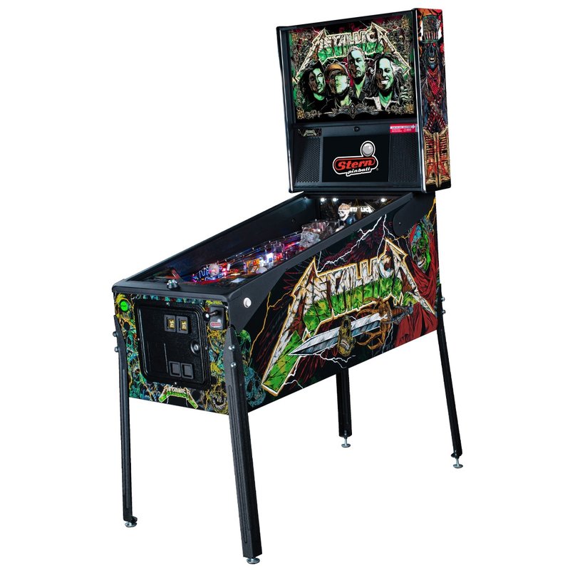 Stern Metallica Remastered Premium Pinball Machine, commercial coin-operated game, full cabinet view with backbox display and playfield visible