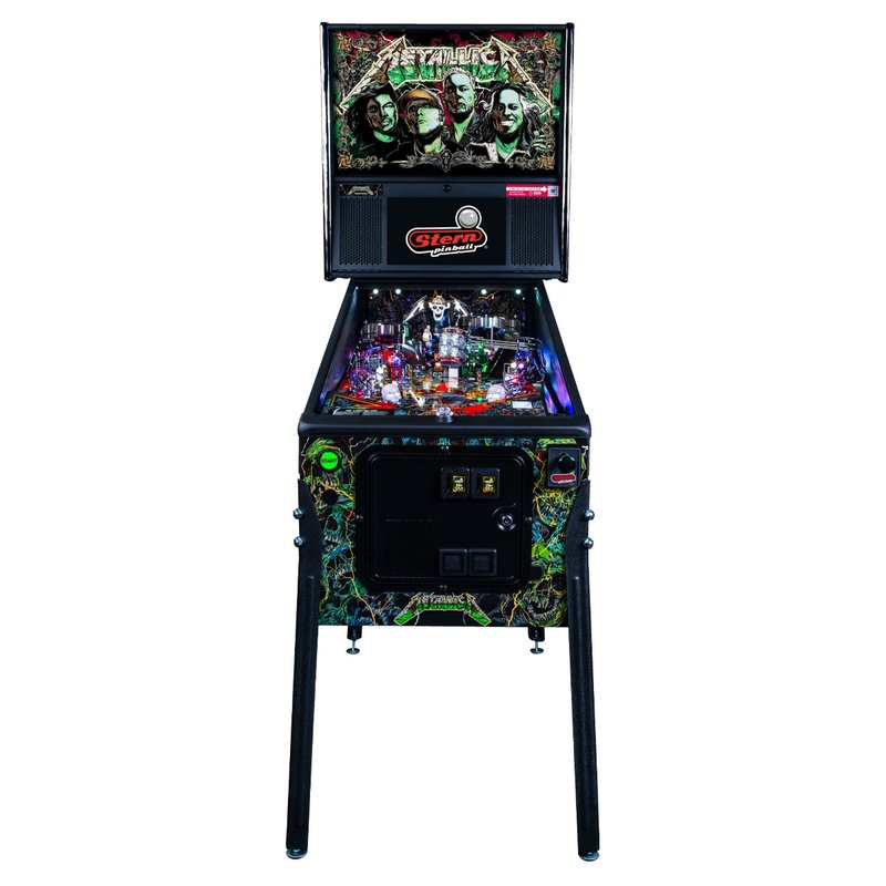 Stern Metallica Remastered Premium pinball machine, commercial coin-operated model, full front view showing playfield, backbox display, and cabinet artwork.